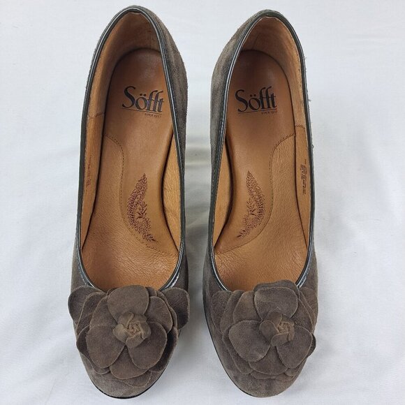 Sofft Size 8W Fiorella Gray Suede Leather Heels Flower on Front Round Toe NWOT - Picture 3 of 14